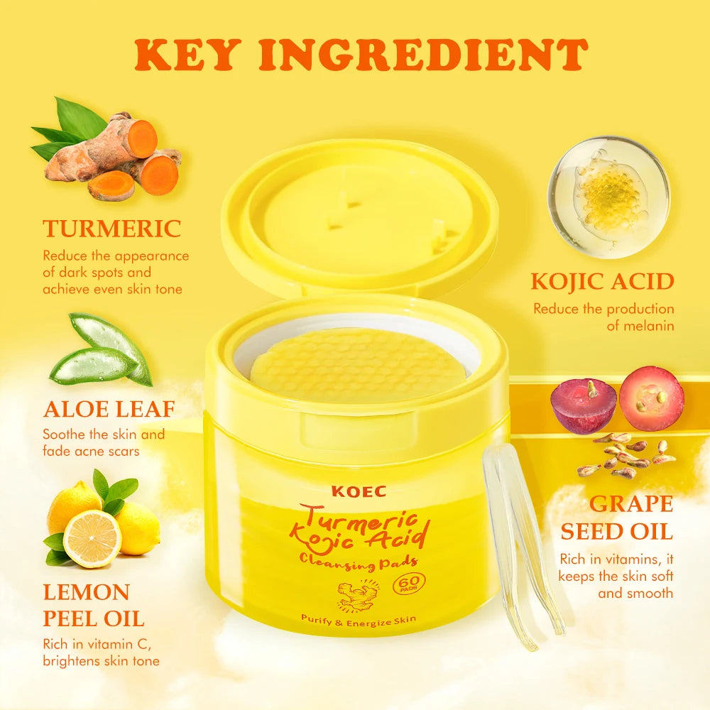 KOEC Turmeric Kojic Acid Cleansing Pads 60pcs Pore Care Pads Deep Cleaning Makeup Remover Cleanser Tiktok Hot Selling