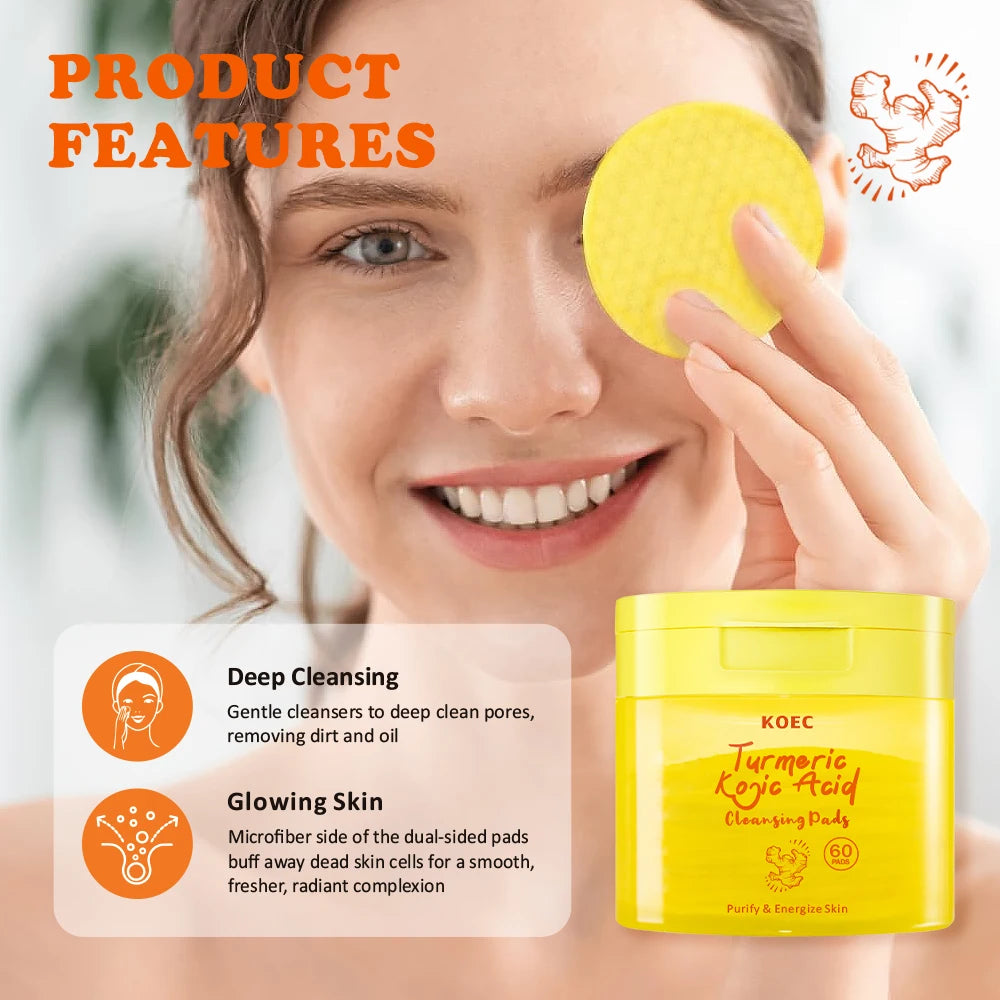 KOEC Turmeric Kojic Acid Cleansing Pads 60pcs Pore Care Pads Deep Cleaning Makeup Remover Cleanser Tiktok Hot Selling