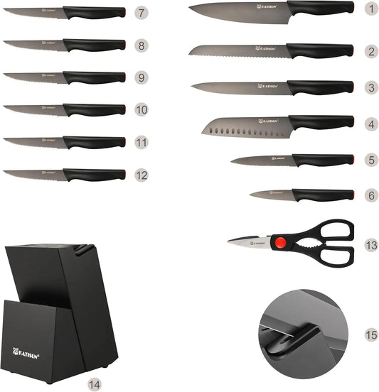 15-Piece High Carbon Stainless Steel Knife Set Imported Germany Beveled Mercerized Blade Black Titanium Knives Non-Slip