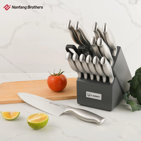 15 Pieces High Quality Chef Knife Set with Wooden Block, Non-slip Hollow Handle for Kitchen Scissor