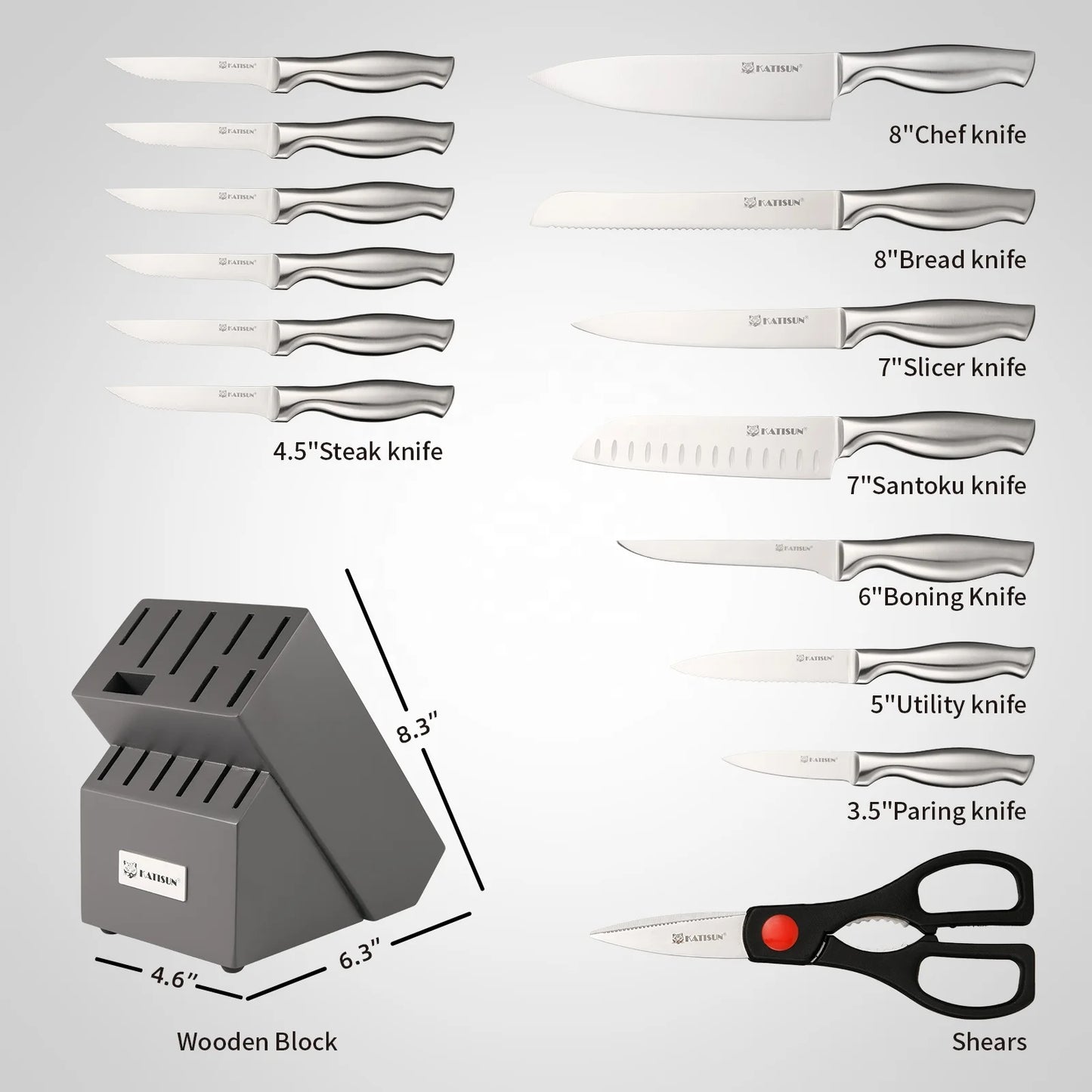 15 Pieces High Quality Chef Knife Set with Wooden Block, Non-slip Hollow Handle for Kitchen Scissor