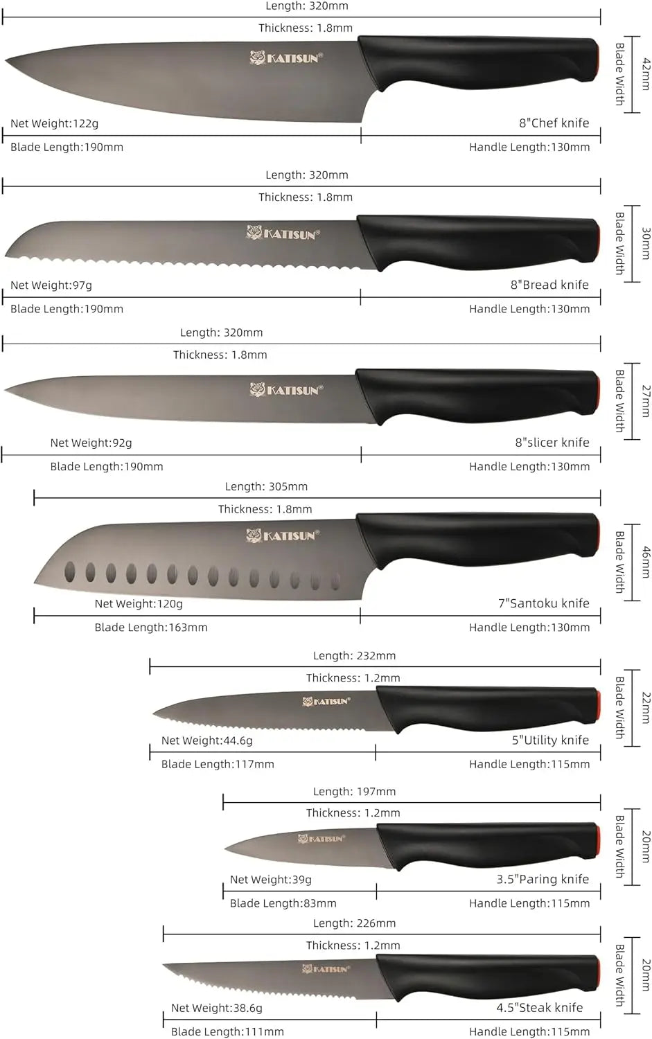 15-Piece High Carbon Stainless Steel Knife Set Imported Germany Beveled Mercerized Blade Black Titanium Knives Non-Slip