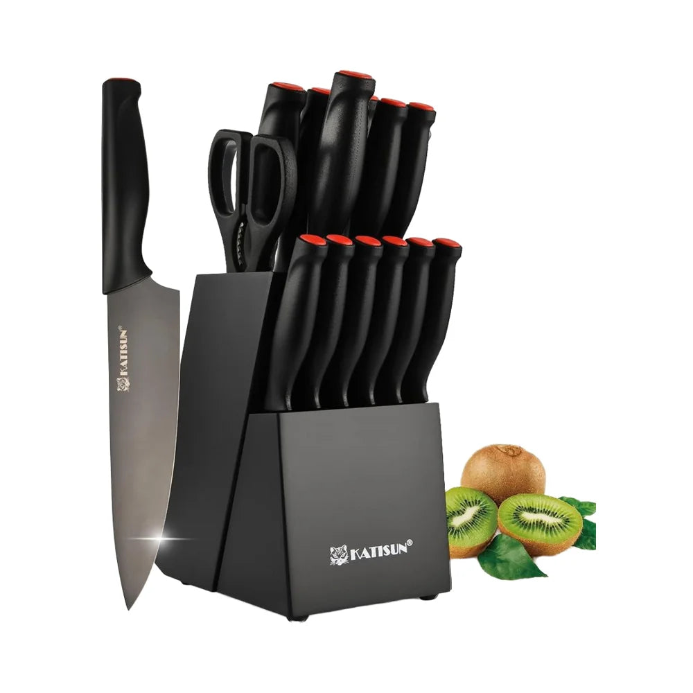 15-Piece High Carbon Stainless Steel Knife Set Imported Germany Beveled Mercerized Blade Black Titanium Knives Non-Slip