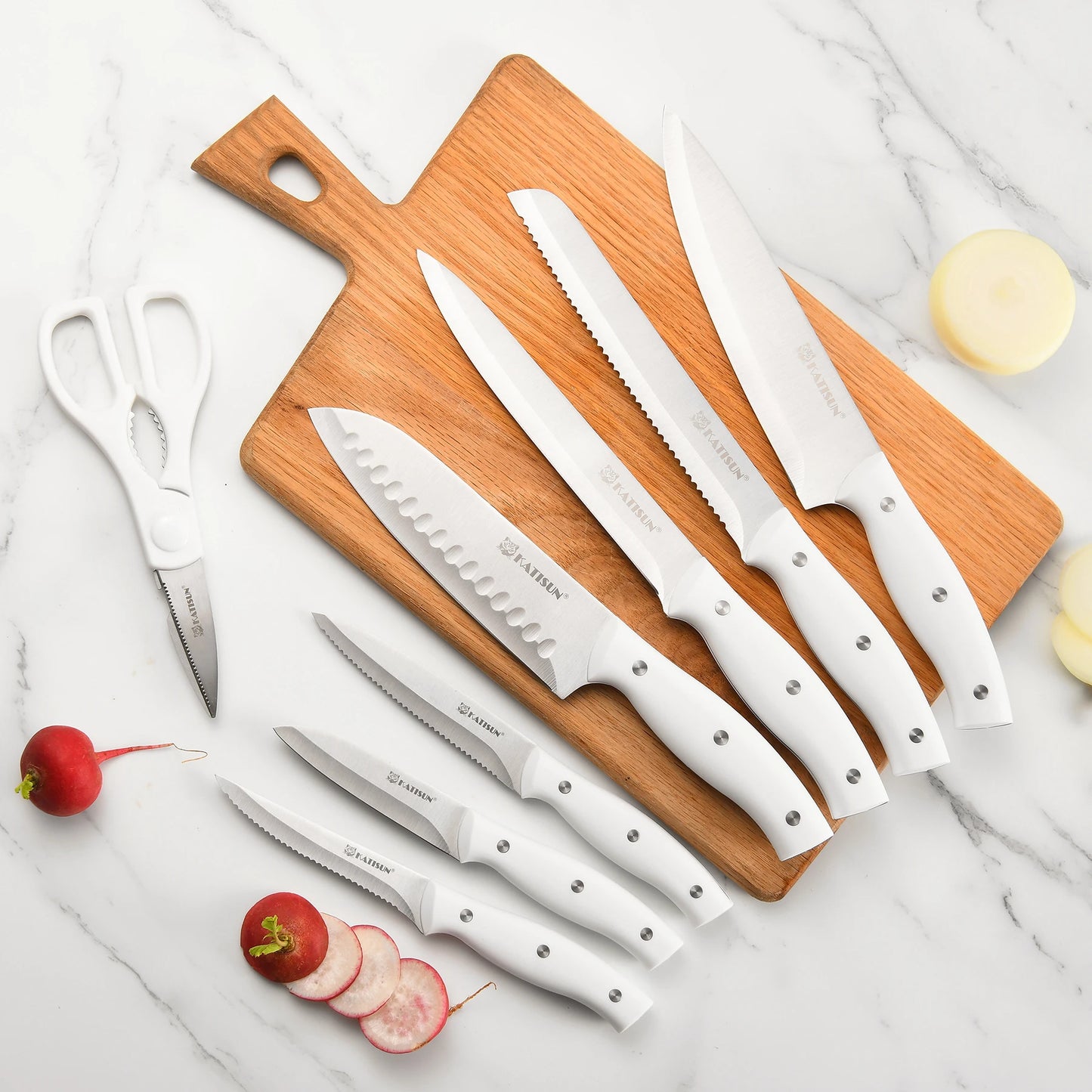 15 Pieces White Carbon Steel Blade Kitchen Knife Set with Real Wooden Stand, Inner Sharpener, and Kitchen Scissors