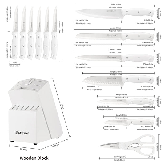 15 Pieces White Carbon Steel Blade Kitchen Knife Set with Real Wooden Stand, Inner Sharpener, and Kitchen Scissors
